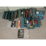 A good collection of metalwork and electronic supplies and tools to include brass rods and fittings,