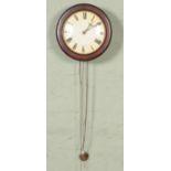 A mahogany postman's alarm clock with roman numeral dial with pendulum. Does not include weights