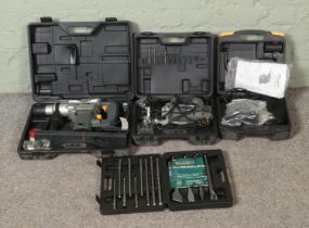 A collection of cased Power G power tools to include Rotary Tool, Palm Sander and Hammer Drill