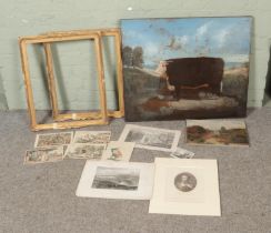 A collection of oil paintings and etchings to include Harry Hodge countryside landscape, The