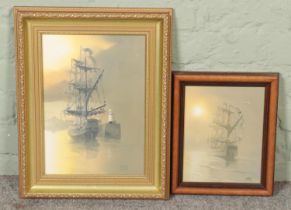 I Guy (unknown); two framed oil on canvas paintings depicting similar seascape scenes of fishing
