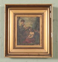 A small antique gilt framed oil on canvas, scene depicting two young lovers. Unsigned. 17cm x 13cm.