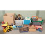 Four boxes of assorted toys and vintage games, to include Monopoly, Spin Golf, miniature model