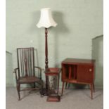 A collection of assorted furniture to include turned standard lamp, vinyl record cabinet, stick