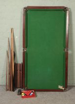 A slate table top snooker table with cues, balls and scoreboard 162x87cm