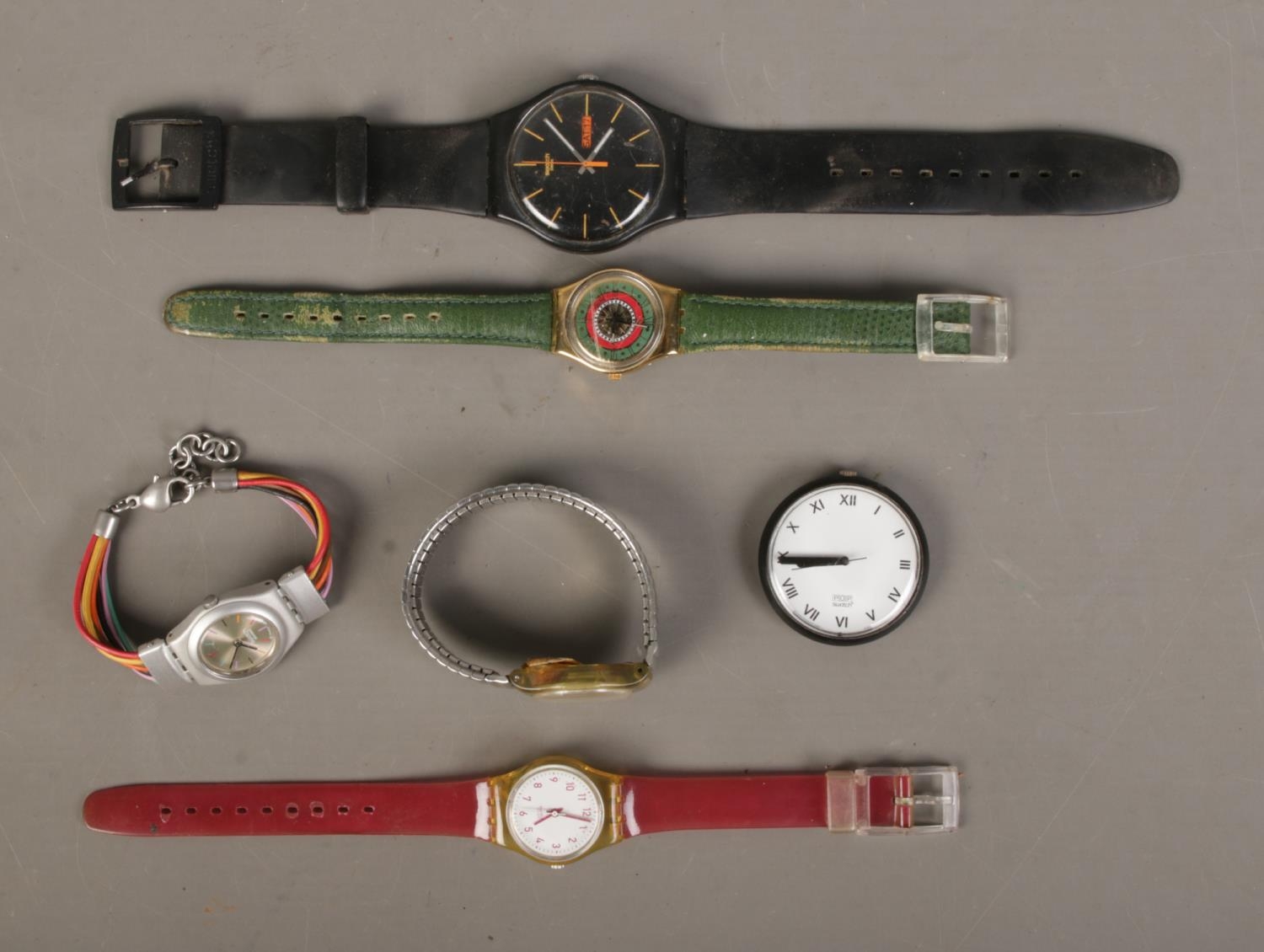 Six swatch wristwatches to include Irony and Pop examples.