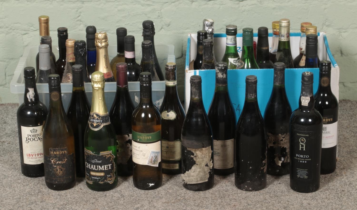 Two large boxes of assorted mainly vintage alcohol, to include vintage port, Hardy's, Martini and
