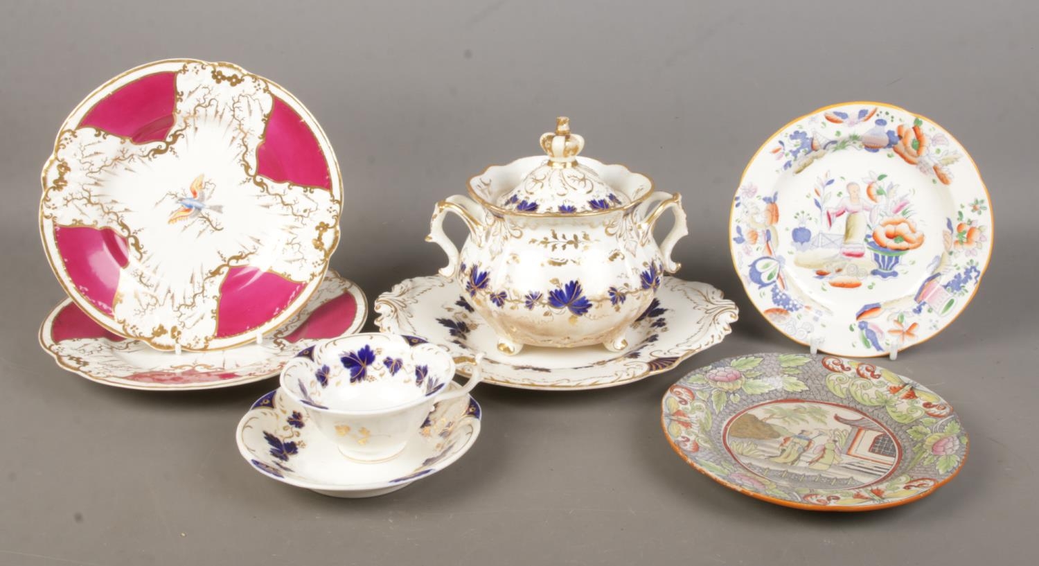 A collection of mainly Nineteenth Century pottery, to include Rockingham cup and saucer and