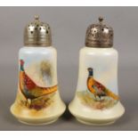 Two Locke & Co Worcester sugar shakers. Both hand painted and decorated with a pheasant. Signed H