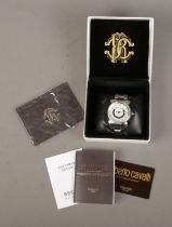 A boxed Roberto Cavalli men's automatic wristwatch featuring date marker. Includes Roberto Cavalli