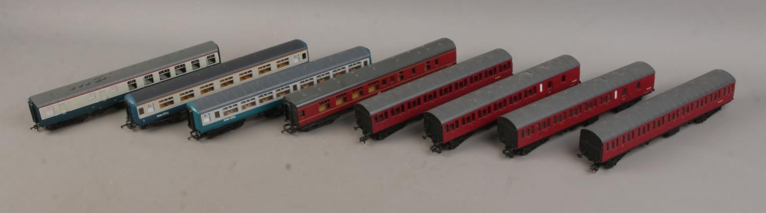 A collection of OO gauge model railway carriages to include Hornby Tri-Ang, Lima and Bachmann