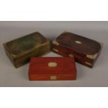 Two brass bound boxes along with a Misuri jewellery box.