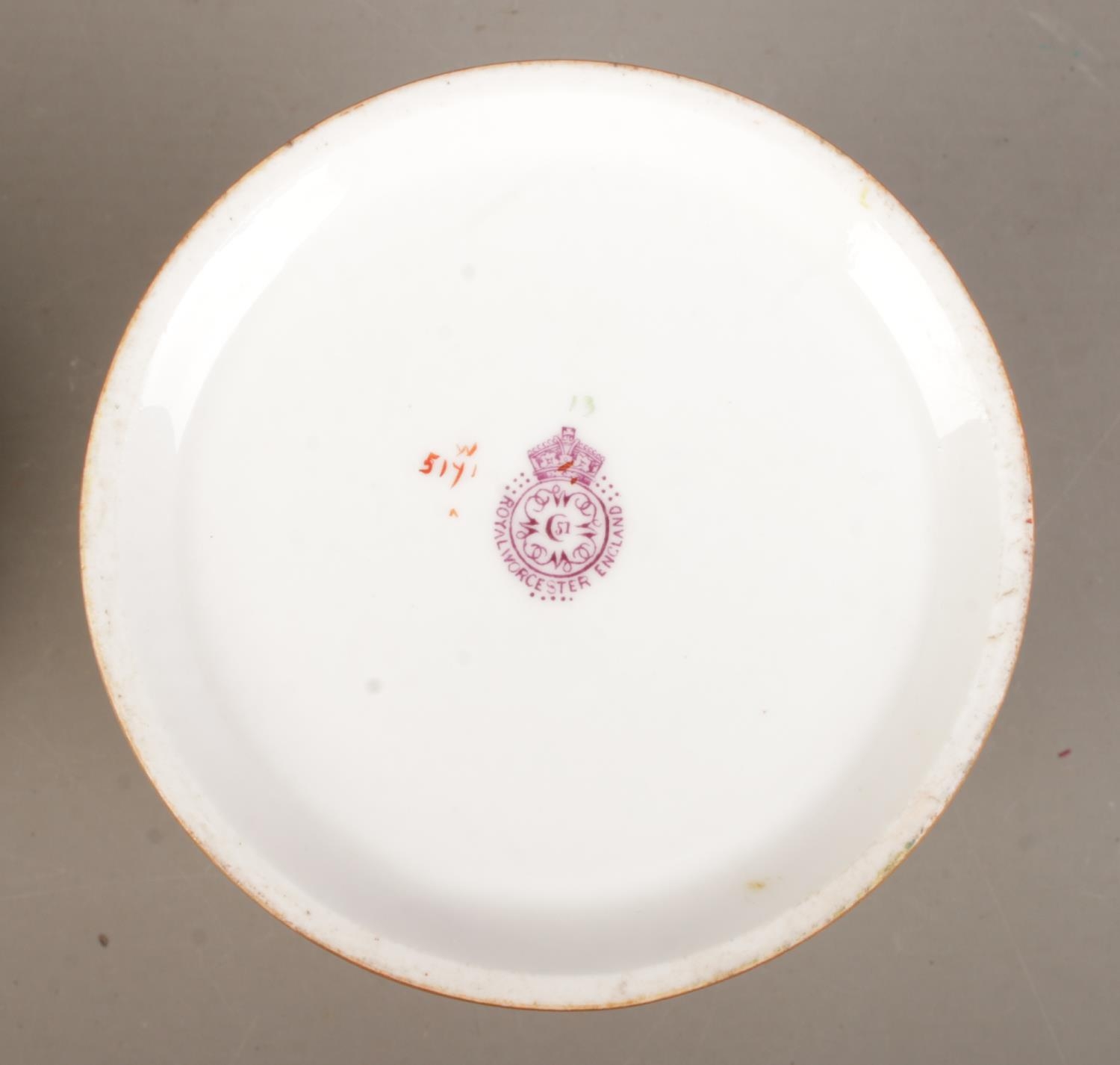 A Royal Worcester blush ivory lidded pot with hand painted floral decoration. Date mark for 1896. - Image 3 of 3