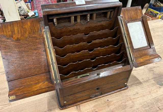 An oak stationary box with bottom draw developing into a writing slope brass handle is detached - Image 6 of 8