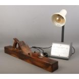 Two upcycled lamps, one as a Sorby plane, the other as a power unit.