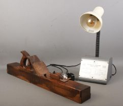 Two upcycled lamps, one as a Sorby plane, the other as a power unit.
