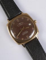 A Sully Special 25 jewel wristwatch with black leather strap, brown face with baton markers.