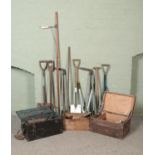 A quantity of assorted tools, mainly gardening. To include loppers, spades forks and a chest