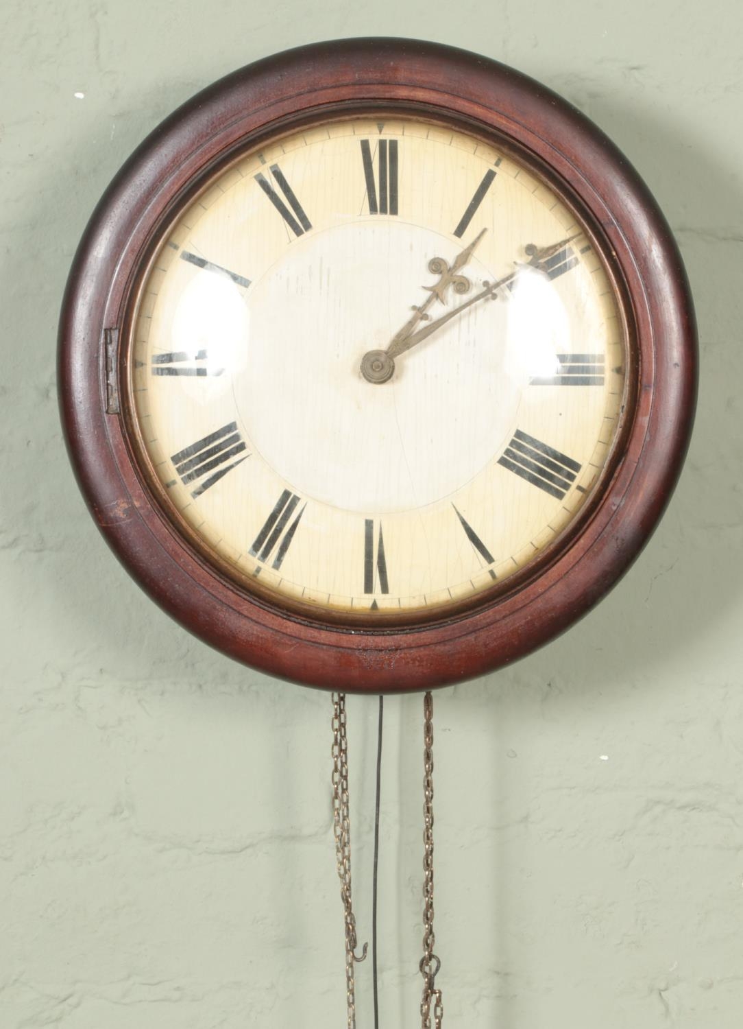 A mahogany postman's alarm clock with roman numeral dial with pendulum. Does not include weights - Image 2 of 2