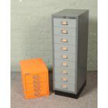 Two Bisley filing cabinets to include grey nine drawer and smaller orange five drawer example.