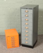 Two Bisley filing cabinets to include grey nine drawer and smaller orange five drawer example.