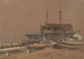 Thomas Bush Hardy, RBA (1842-1897) a gilt framed watercolour, harbour scene with boats,