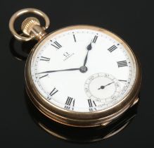 A gold plated Omega pocket watch. The case stamped for Dennison Watch Case Co Ltd. Having Roman