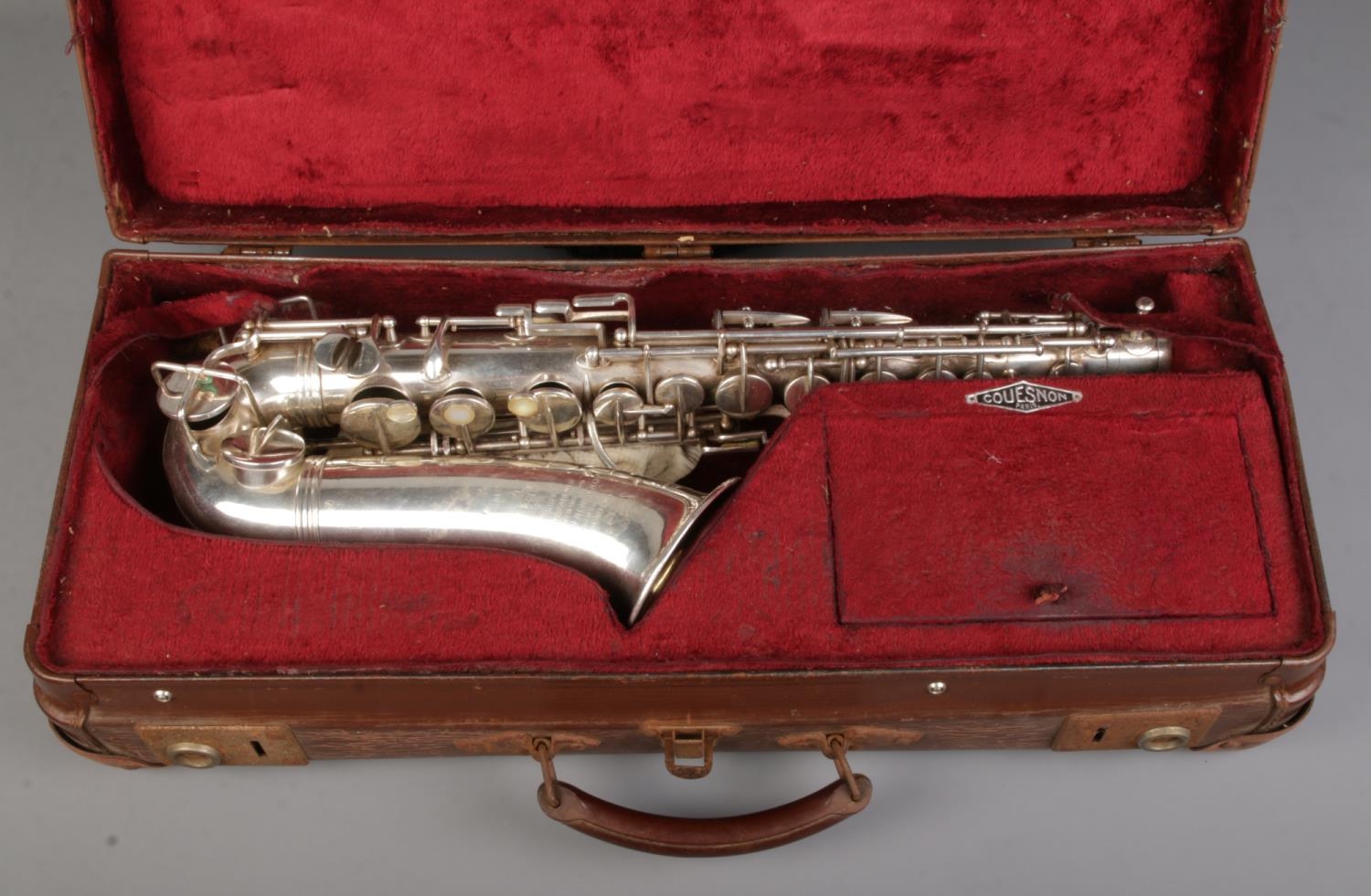 An early 20th century French silver plated saxophone by Couesnon & Cie. In case. - Image 3 of 6