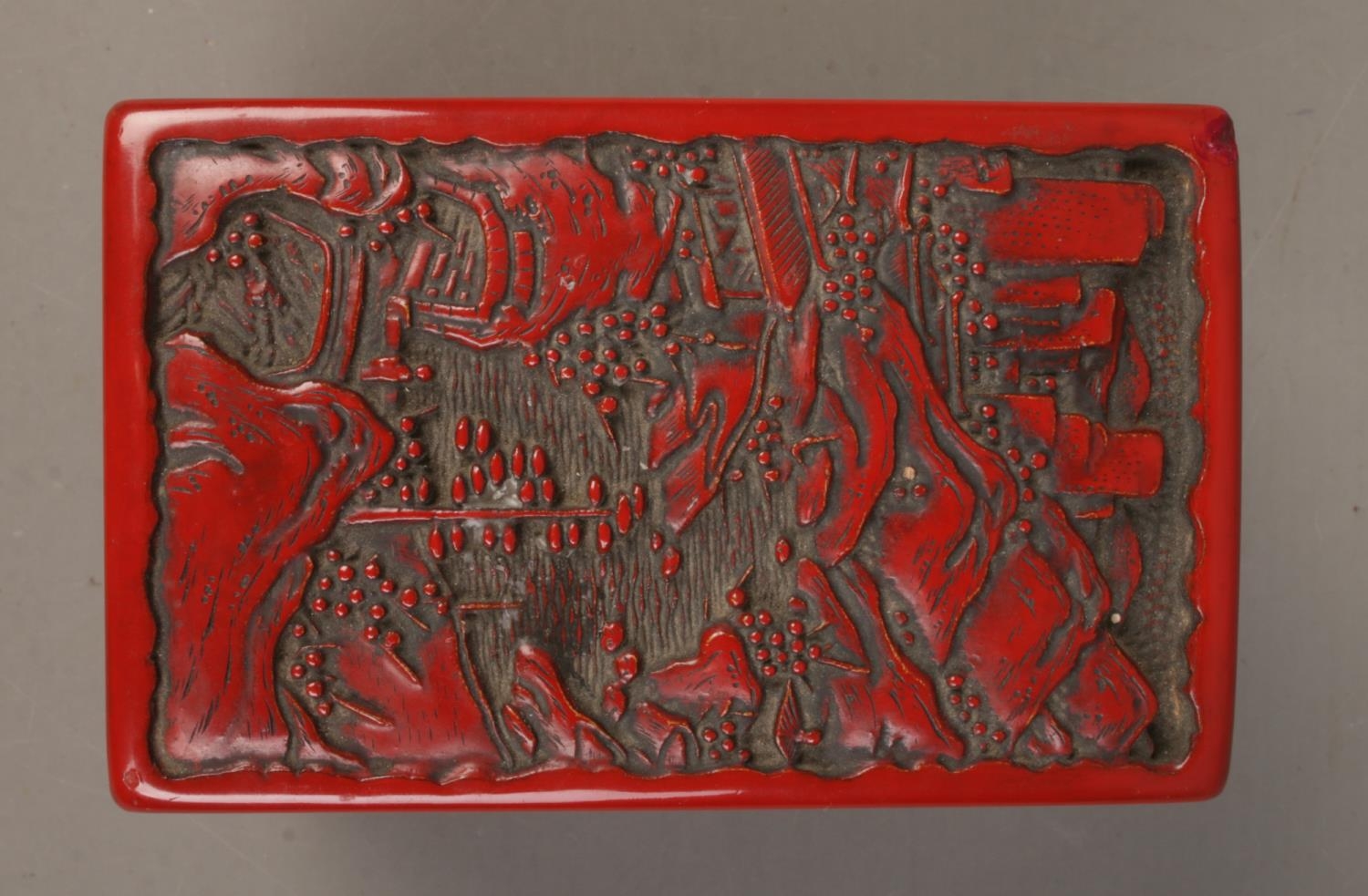 A Chinese cinnabar lacquer card box. The cover decorated with a landscape scene. 9cm x 11cm x 6.5cm. - Image 4 of 5