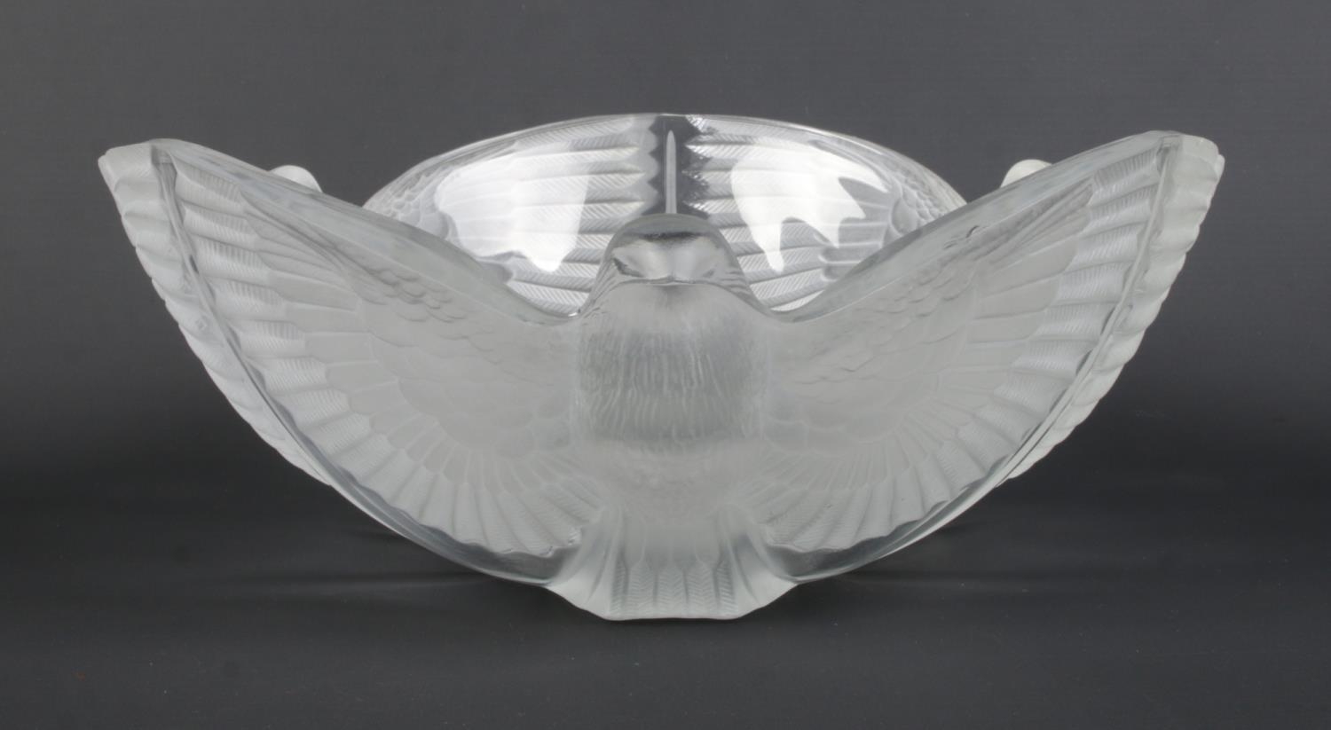 Rene Lalique, a frosted glass bowl decorated with three birds. Etched R Lalique, France to base.