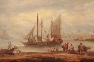 A 19th century gilt framed oil on canvas, seascape with figures, boats and cattle. Signed H Shaw.