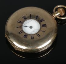 A gold plated Waltham Mass half hunter pocket watch, with gold plated fob chain and T-fob. Fitted