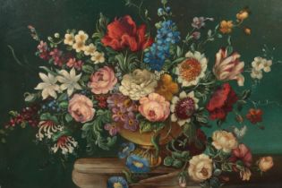 A large gilt framed oil on board, still life with flowers. Unsigned. 53cm x 77cm.