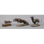 Michael Lyne, a set of three bronze sculptures modelled as two coursing dogs chasing a hare. All