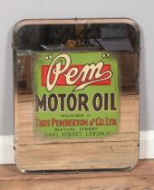 A vintage "Pem" Motor Oil advertising mirror, with rounded edge. Height: 51cm, Width: 41cm.