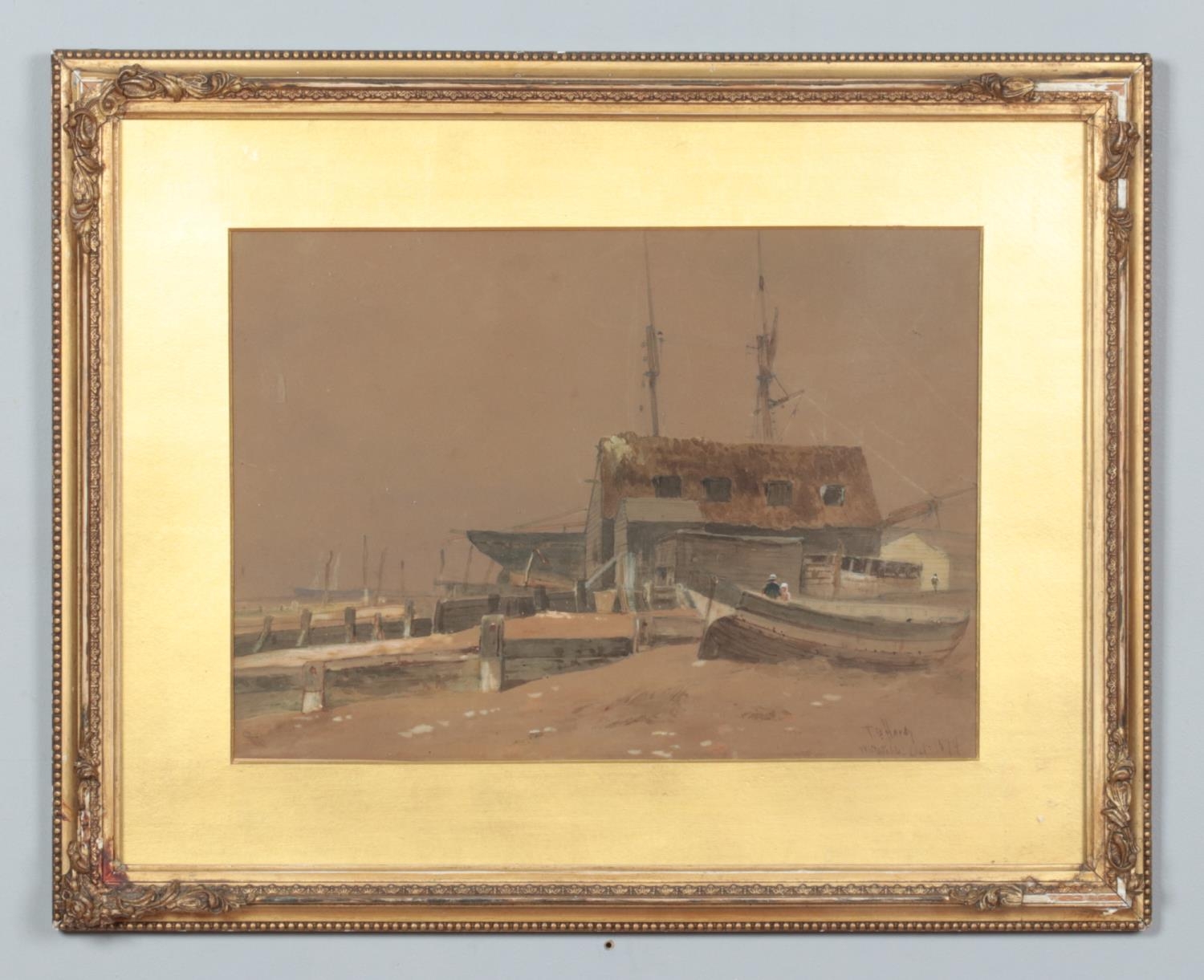 Thomas Bush Hardy, RBA (1842-1897) a gilt framed watercolour, harbour scene with boats, - Image 2 of 4