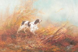 Eugene Kingman (1909–1975), a large framed oil on canvas, hunting dog in woodland scene. 60cm x