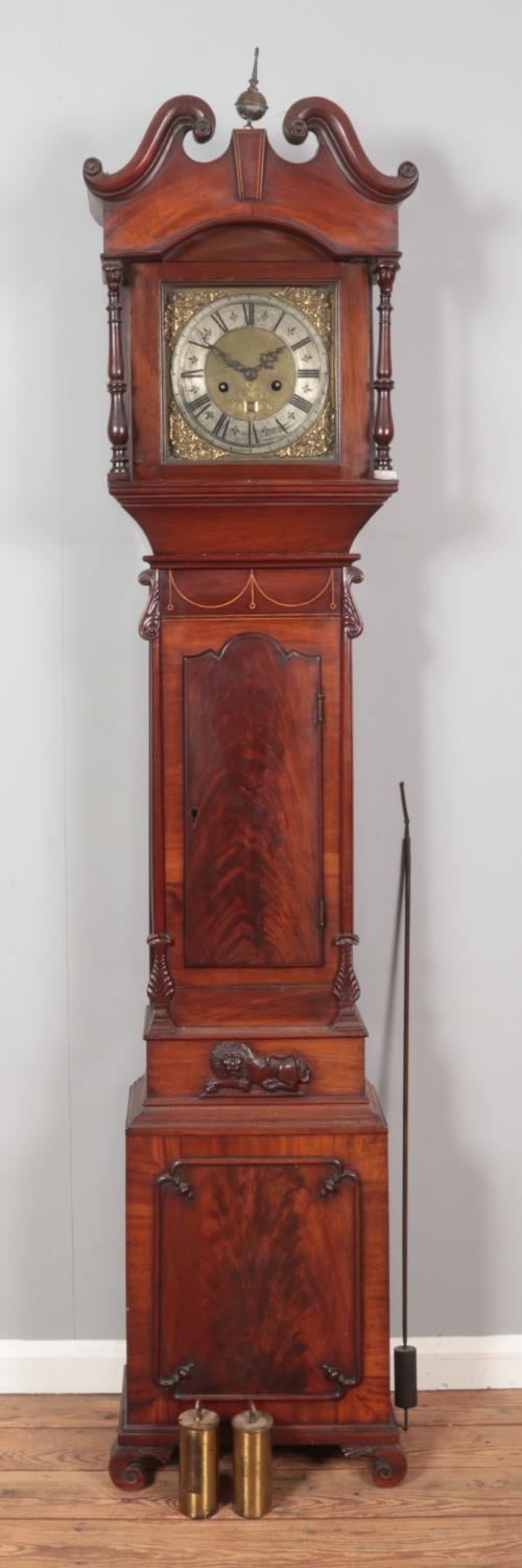 A Georgian mahogany longcase clock. Having twin swan neck pediments, carved lion detail and - Image 2 of 6