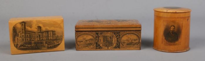 A Queen Victoria's Jubilee Mauchline ware sewing box along with two similar examples. One for