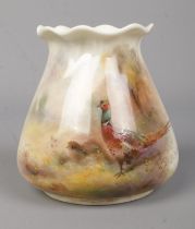 James Stinton for Royal Worcester, a porcelain vase with hand painted decoration depicting pheasants