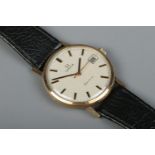 A gents 9ct gold Omega Geneve manual wristwatch. Having centre seconds, baton markers and date