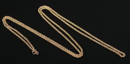 A 9ct gold rope twist muff chain. Approximately 128cm. 20.57g.