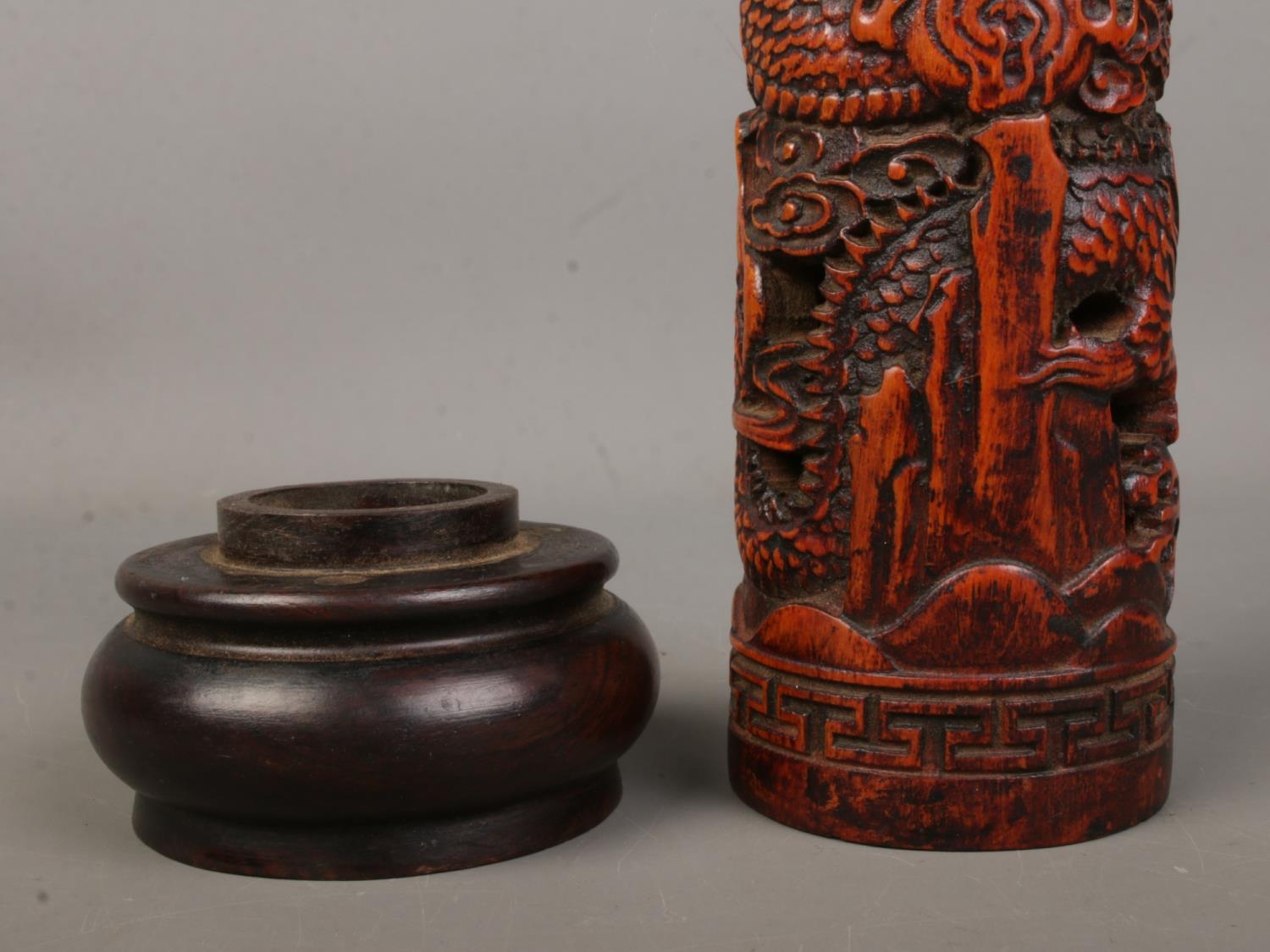 A Chinese wooden incense holder with carved decoration depicting dragons. Height 25cm. - Image 3 of 4