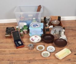 Two boxes of miscellaneous to include Limoges, Wedgwood, camping stove, Childhood Memories, silver