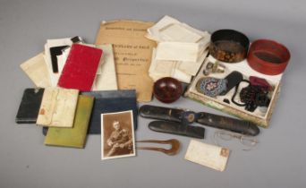 A quantity of collectables and ephemera to include Victorian spectacles, Penny Red Stamp, Chinese