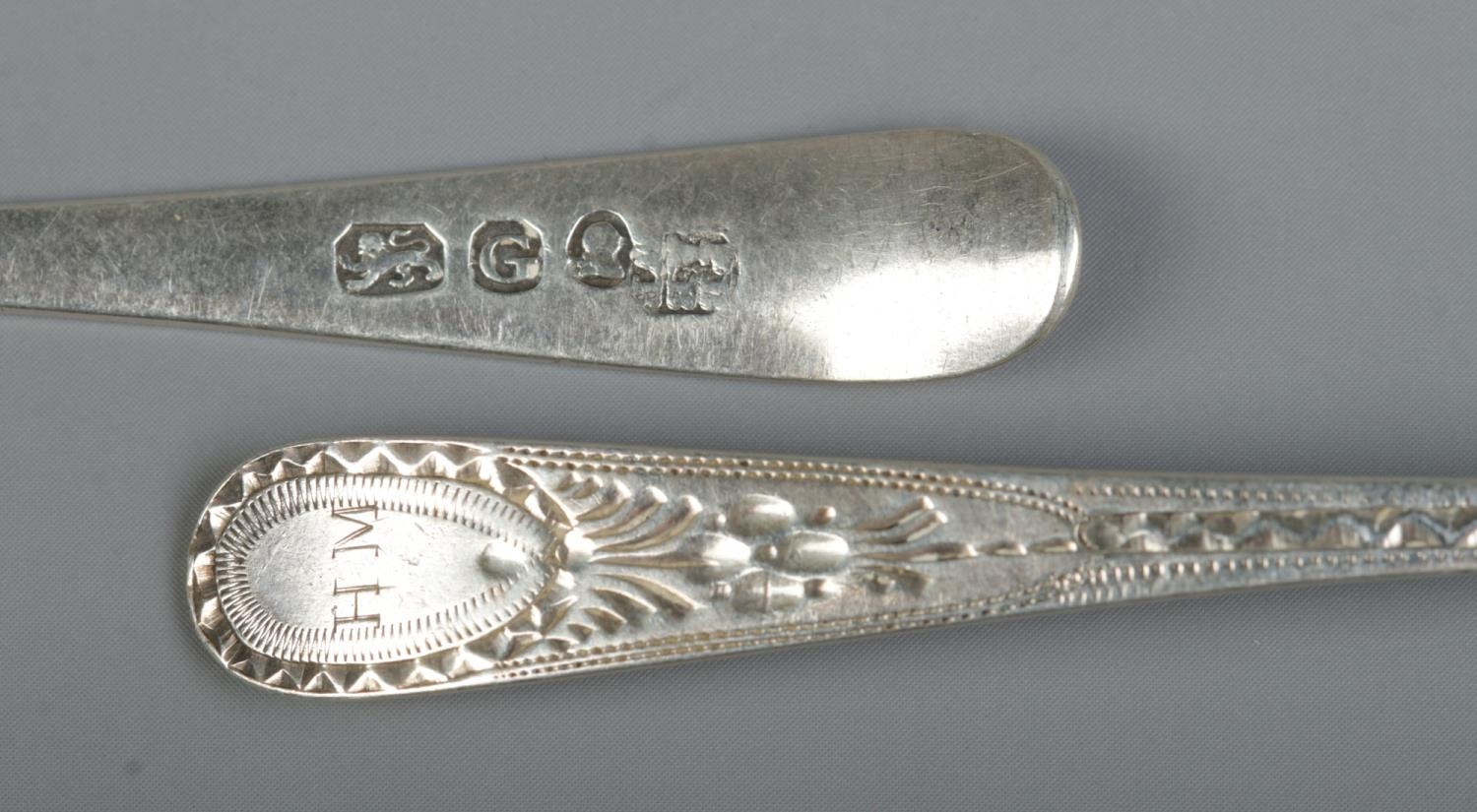 A set of six George III silver tea spoons. Assayed London 1802 by Peter, Ann & William Bateman. 58g. - Image 2 of 2