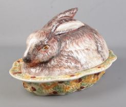 A large Italian decorative ceramic rabbit pie dish. Stamped Fatto A Mano to base. 45cmx32cmx27cm.