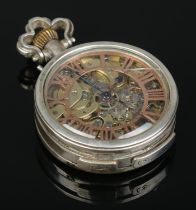 A silver repeater pocket watch having Roman numeral chapter ring and visible skeleton movement.