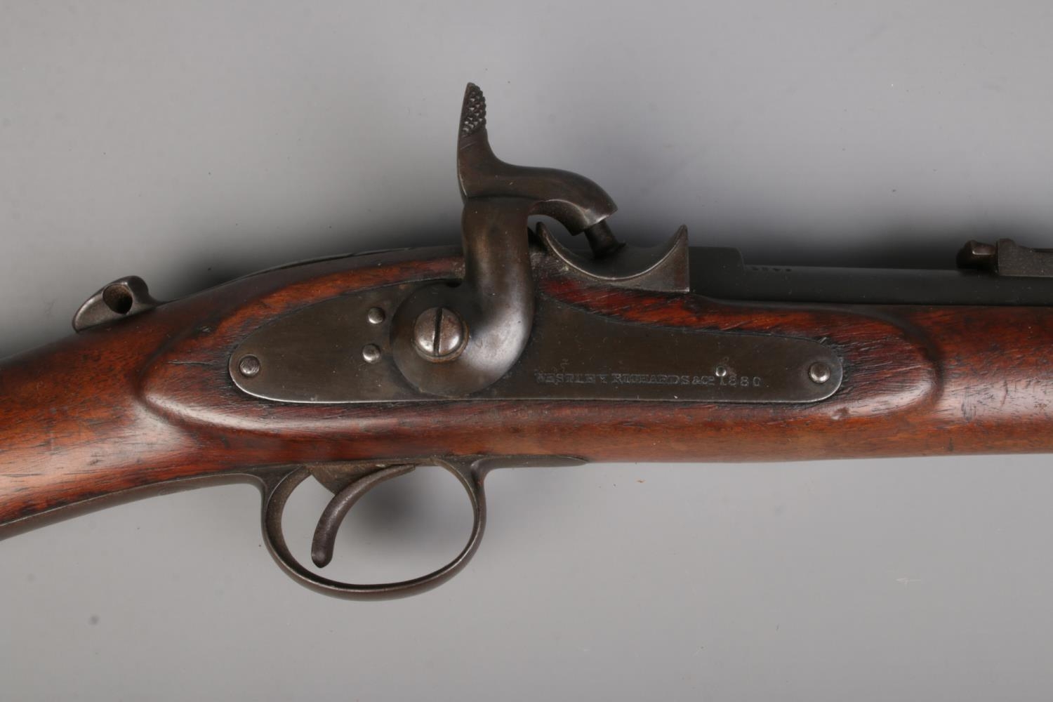 A Westley Richards & Co monkey tail carbine with walnut stock. Stamped Whitworth Patent. Barrel