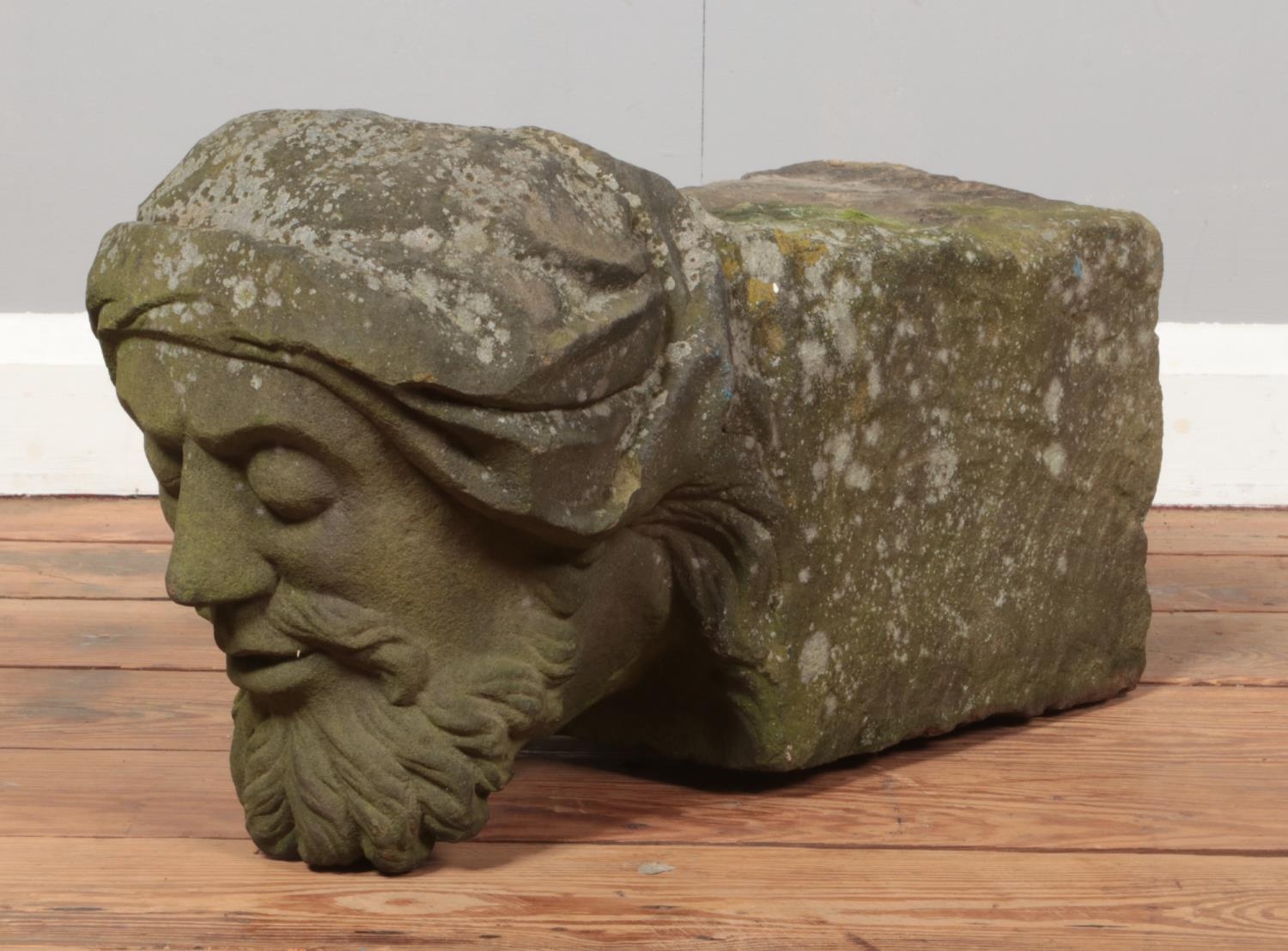 A carved stone corbel, formed as the bust of a gentleman. Length 51cm, Height 28cm. - Image 2 of 3